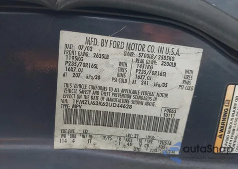 2002 Ford Explorer Xlt из США, поврежденный, VIN 1FMZU63K62UD44628